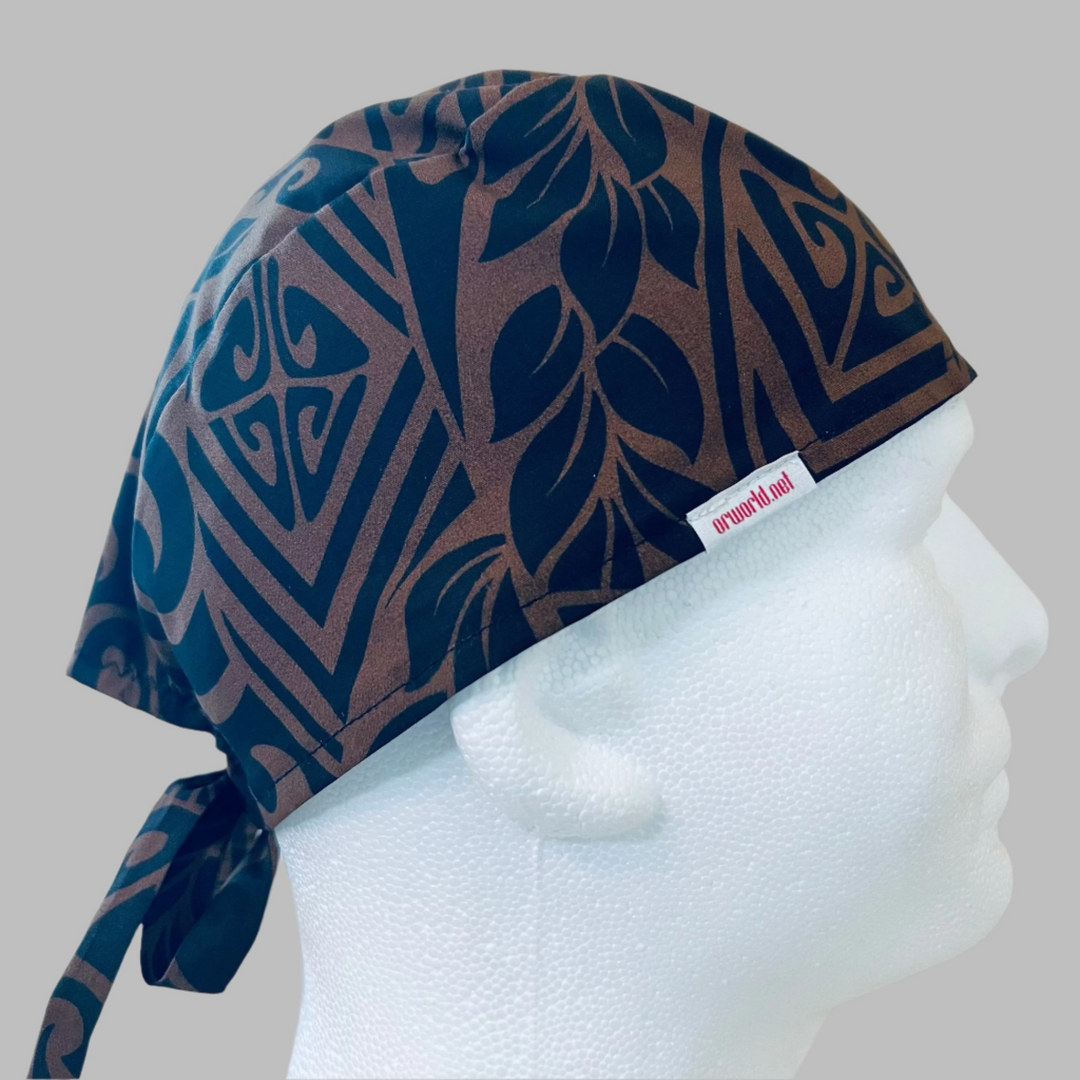 Hawaiian Tribal Scrub Cap – Brown & Black Tropical Surgical Hat for Men & Women