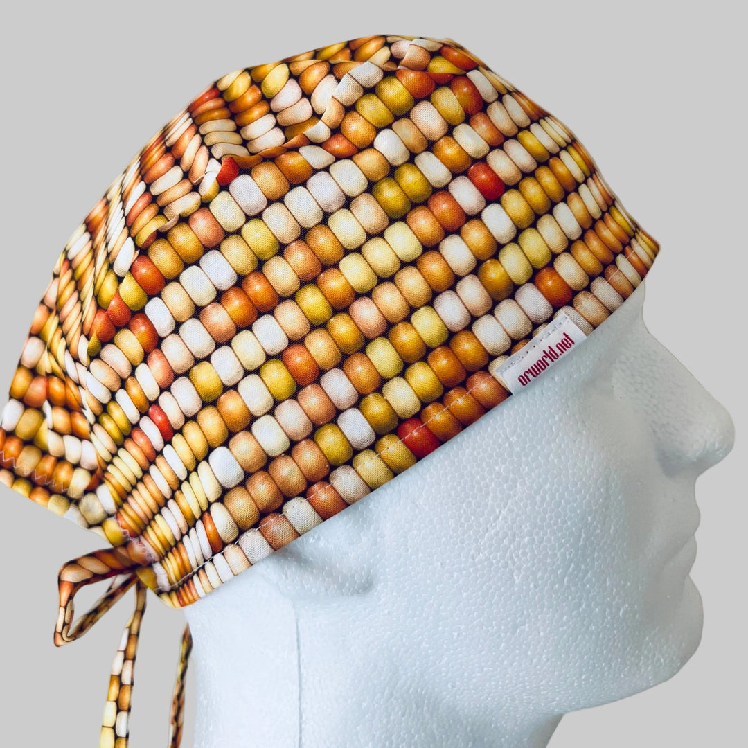 All-over yellow corn print scrub cap traditional tie-back unisex surgical hat for nurses and healthcare professionals side view