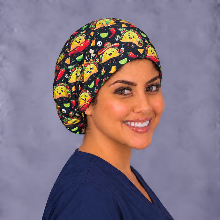 Three-quarter left view of a smiling woman in the satin lined option Cinco de Mayo euro cap, showing hot sauce and jalapeño detail