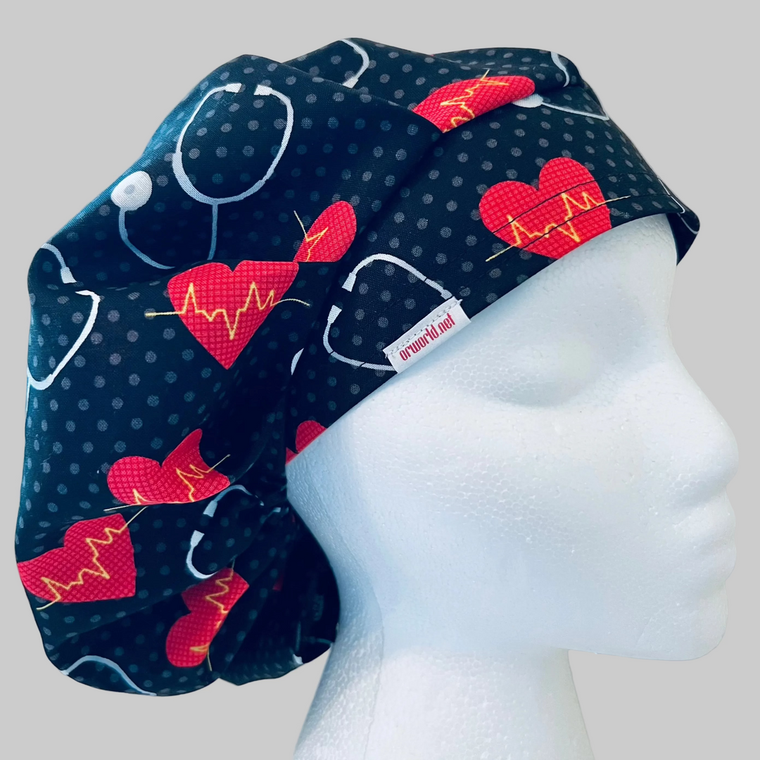 Bouffant Scrub Cap | Cardiology Heartbeat EKG Hearts on Black | Nurse Surgical Hat