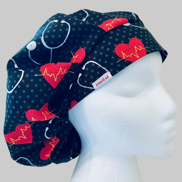Bouffant Scrub Cap | Cardiology Heartbeat EKG Hearts on Black | Nurse Surgical Hat