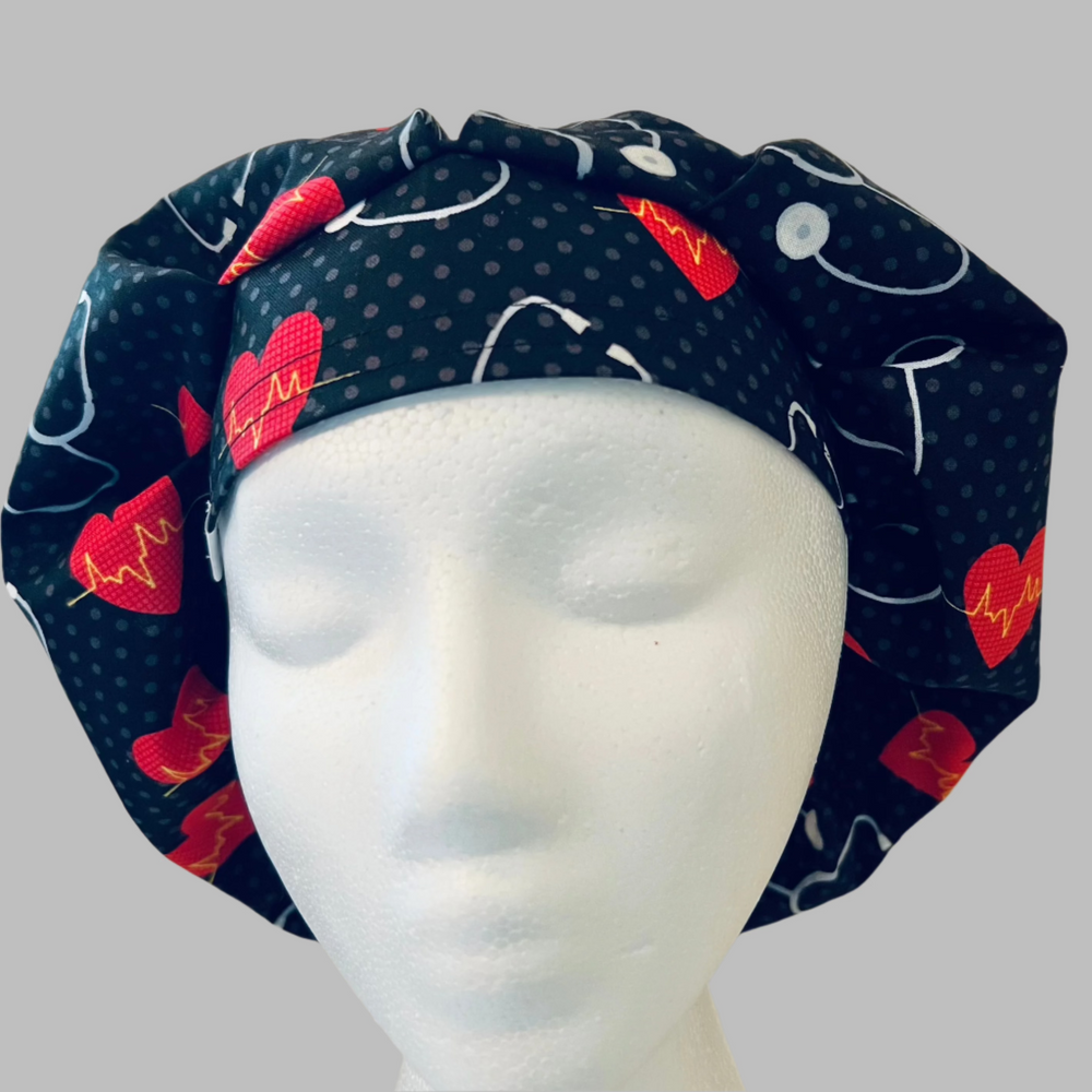 Bouffant Scrub Cap | Cardiology Heartbeat EKG Hearts on Black | Nurse Surgical Hat