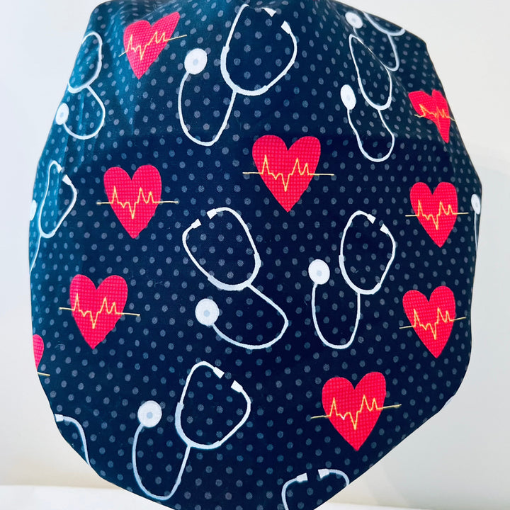 Bouffant Scrub Cap | Cardiology Heartbeat EKG Hearts on Black | Nurse Surgical Hat
