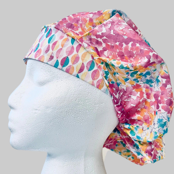 Colorful Floral Bouffant Scrub Cap – Bright Pink Teal Watercolor Surgical Hat for Women, Nurse Cap, OR Hat
