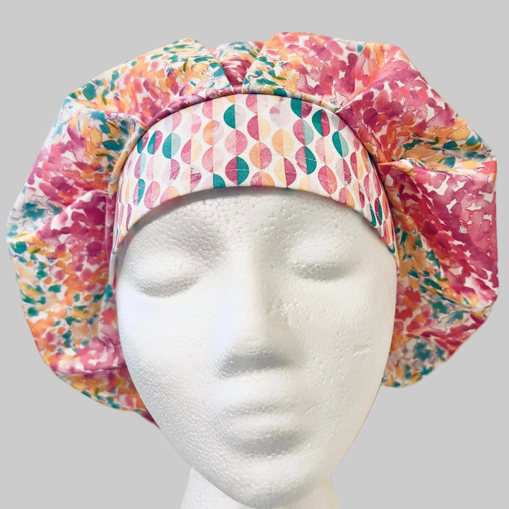 Colorful Floral Bouffant Scrub Cap – Bright Pink Teal Watercolor Surgical Hat for Women, Nurse Cap, OR Hat