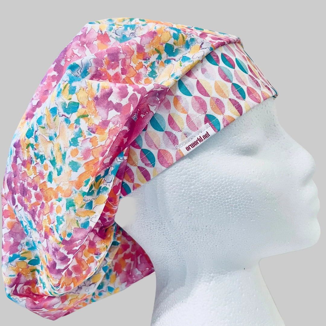 Colorful Floral Bouffant Scrub Cap – Bright Pink Teal Watercolor Surgical Hat for Women, Nurse Cap, OR Hat