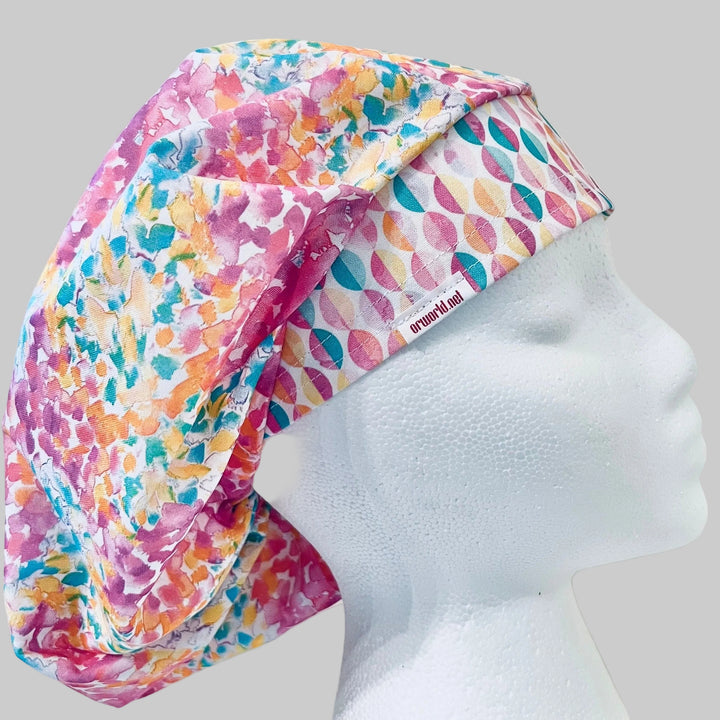 Colorful Floral Bouffant Scrub Cap – Bright Pink Teal Watercolor Surgical Hat for Women, Nurse Cap, OR Hat