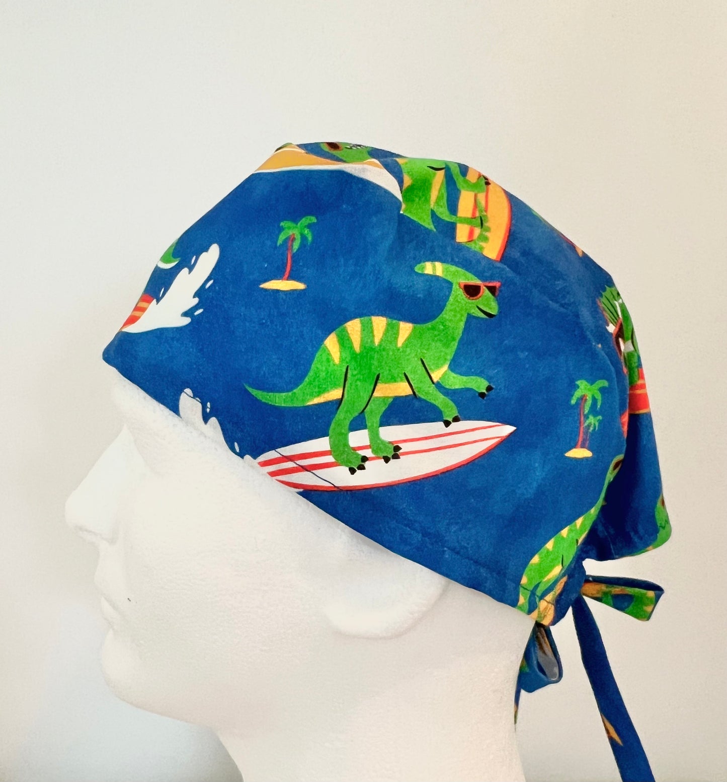Surfing Dinosaur Scrub Cap – Beach Summer Dino Surgical Cap – Fun Tropical Medical Hat for Nurses & Techs