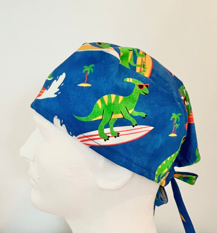 Surfing Dinosaur Scrub Cap – Beach Summer Dino Surgical Cap – Fun Tropical Medical Hat for Nurses &amp; Techs
