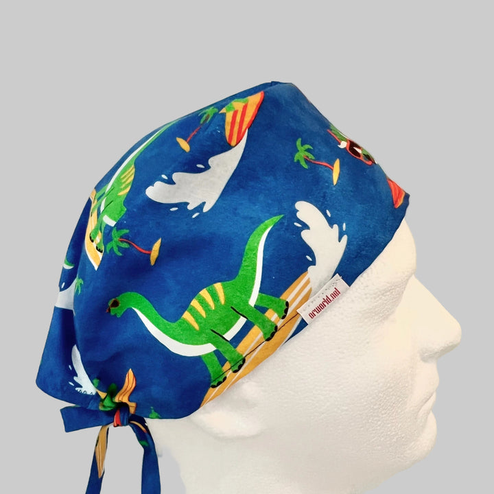 Surfing Dinosaur Scrub Cap – Beach Summer Dino Surgical Cap – Fun Tropical Medical Hat for Nurses &amp; Techs