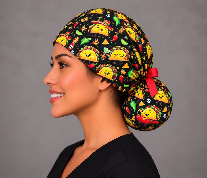Opposite profile of the Cinco de Mayo scrub cap showing the rounded bun pouch below the crown and short red ribbon tie at the nape