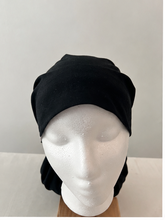 Black XXL ponytail scrub cap with satin lining front view for nurses with high volume natural hair