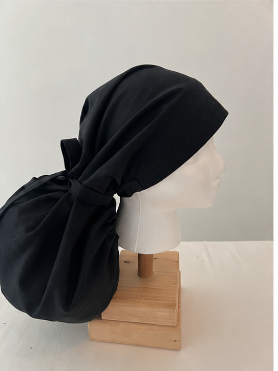 Black XXL extra extra large ponytail surgical cap side view showing maximum hair pouch