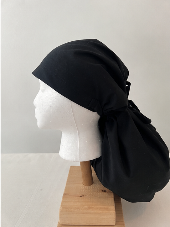Black XXL ponytail scrub cap with satin lining side profile for thick long natural hair