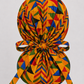African Kente print XL ponytail scrub cap back view showing extra large hair pouch for braids locs and natural hair