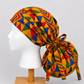 African Kente print XL ponytail scrub cap side view showing extra large hair pouch for braids locs and natural hair