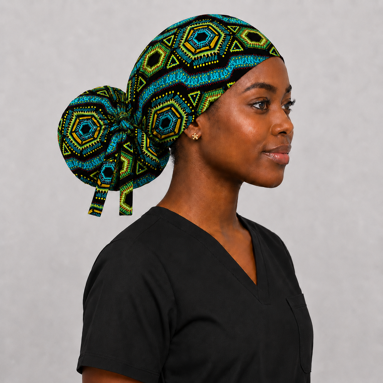 Blue African Kente Fabric XL Ponytail Scrub Cap, Women's Surgical Cap for Long Thick Hair, Handmade Ghana-Inspired Medical Hat, Satin Lining Available for Nurses, Surgeons and Healthcare Workers side and model view