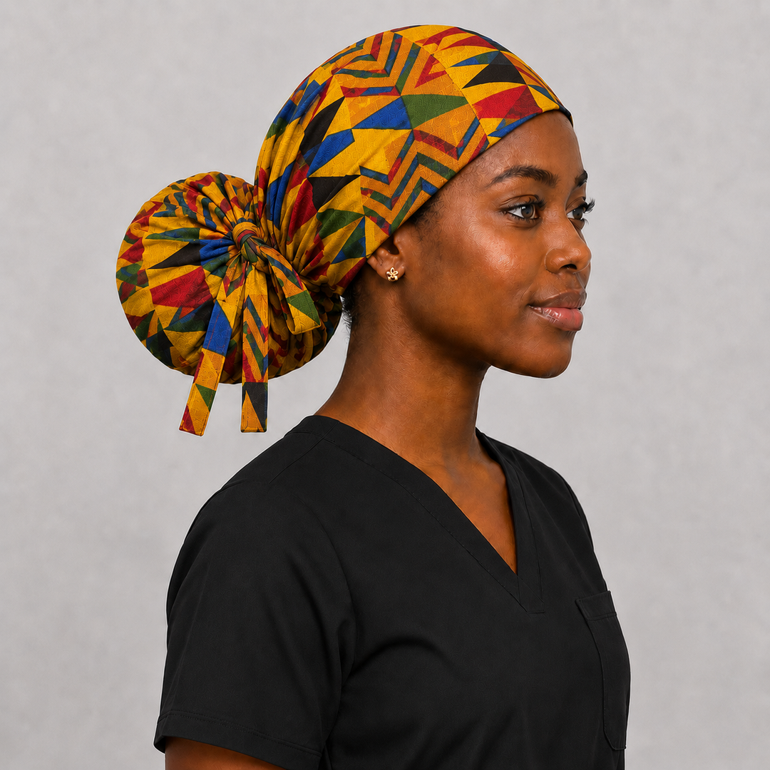 African Kente print XL ponytail scrub cap side and model view showing extra large hair pouch for braids locs and natural hair satin lining available 