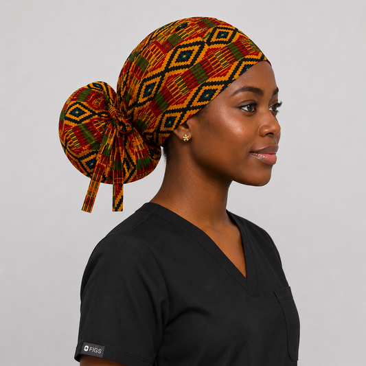 Colorful African Kente XL Ponytail Scrub Cap | Ghana-Inspired Surgical Hat for Long Hair, Braids & Locs | Satin Lining Available