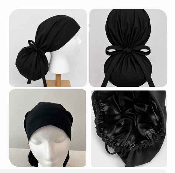 Black XL Ponytail Scrub Cap with Satin Lining option — Extra Large Surgical Hat for Long, Thick, and Natural Hair
