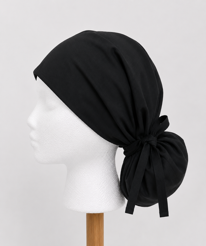 Black XL extra large ponytail surgical cap with satin lining side profile view
