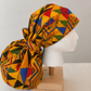 African Kente XXL ponytail scrub cap side view showing extra extra large hair pouch for jumbo locs long braids and thick natural hair