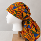 African Kente XXL ponytail scrub cap side view showing extra extra large hair pouch for jumbo locs long braids and thick natural hair