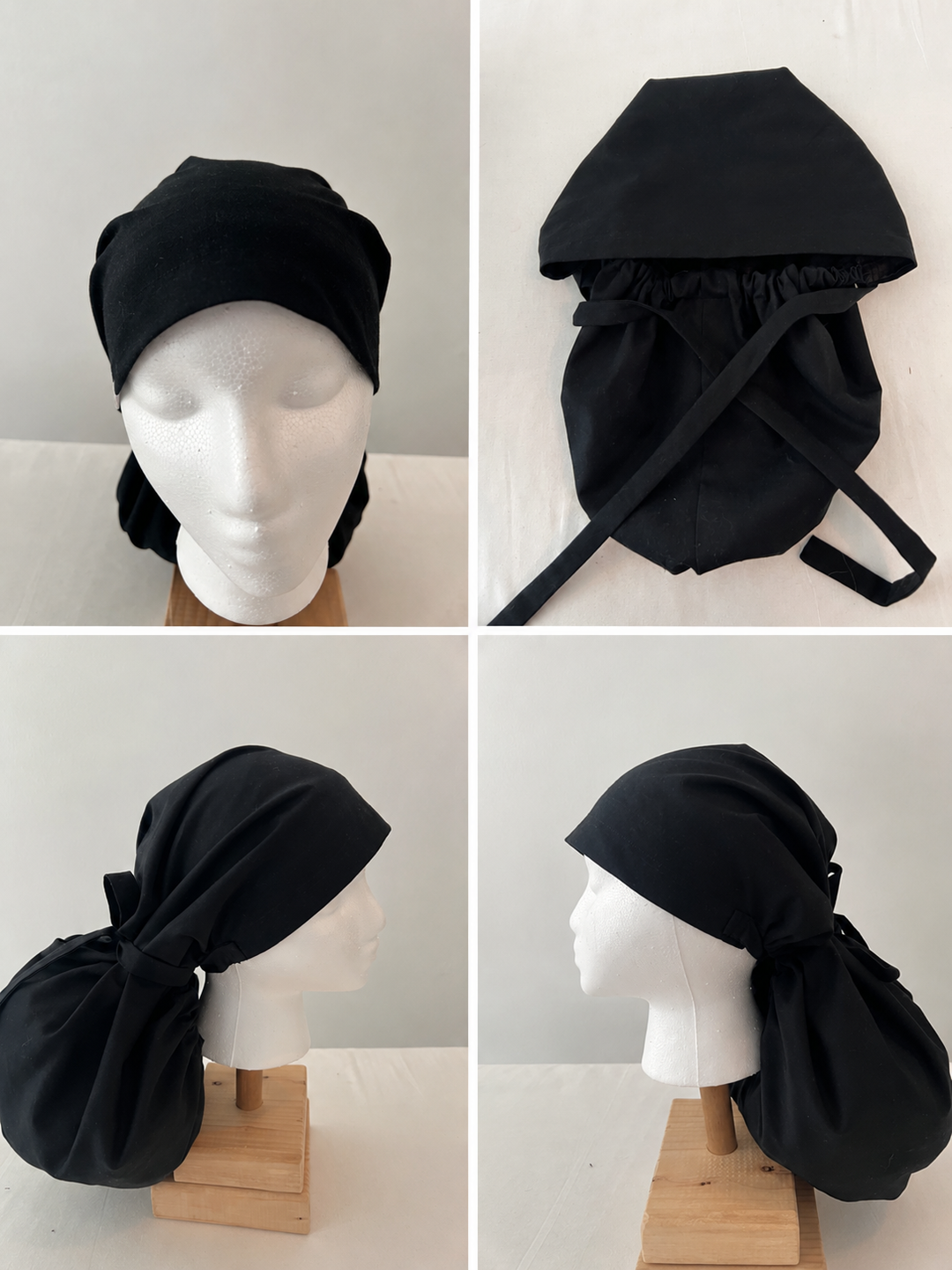 Black XXL ponytail scrub cap back view showing tie closure and extra extra large hair pouch