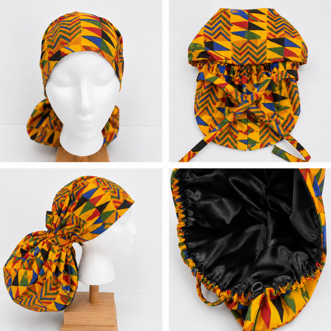 African Kente XXL ponytail scrub cap- showing extra extra large hair pouch for jumbo locs long braids and thick natural hair-all views