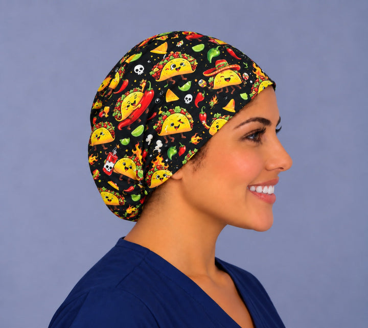 Right profile of the taco euro surgical cap showing the rounded full-back crown and hem sitting neatly behind the ear