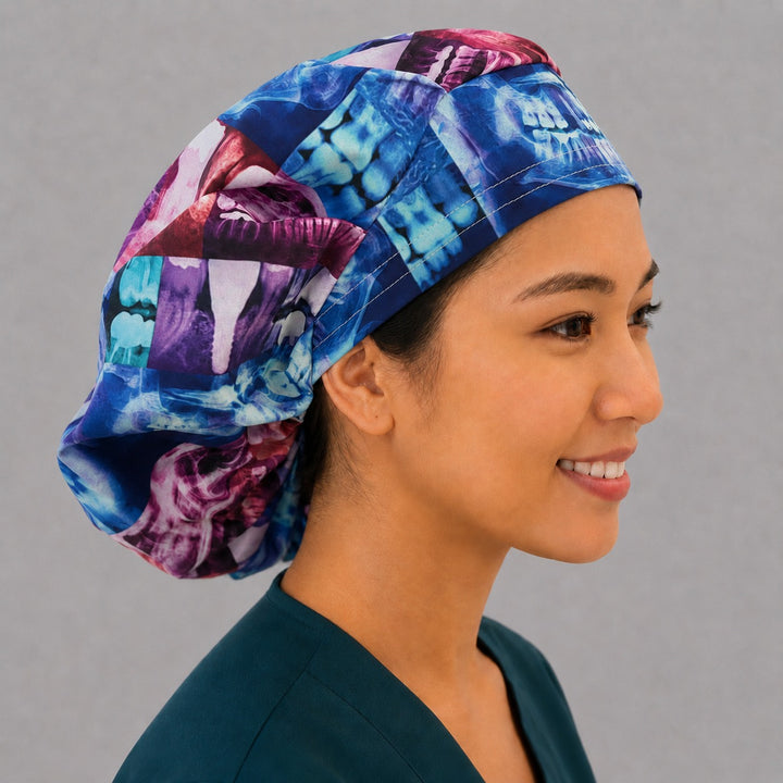 Profile view of the adjustable dental X-ray bouffant surgical hat for women — thick front band that secures long, thick or curly hair