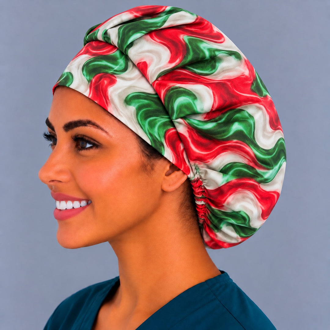 Left profile of an adjustable bouffant surgical hat for women in 100% cotton, showing full coverage from forehead to nape for long or thick hair