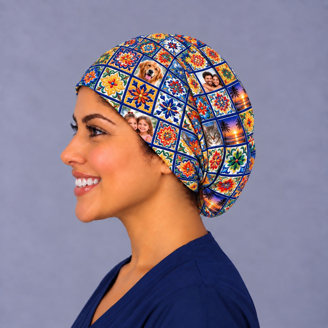 Left profile of an adjustable photo scrub cap for short and long hair in 100% cotton, with a palm tree beach sunset tile and a family photo tile near the hairline