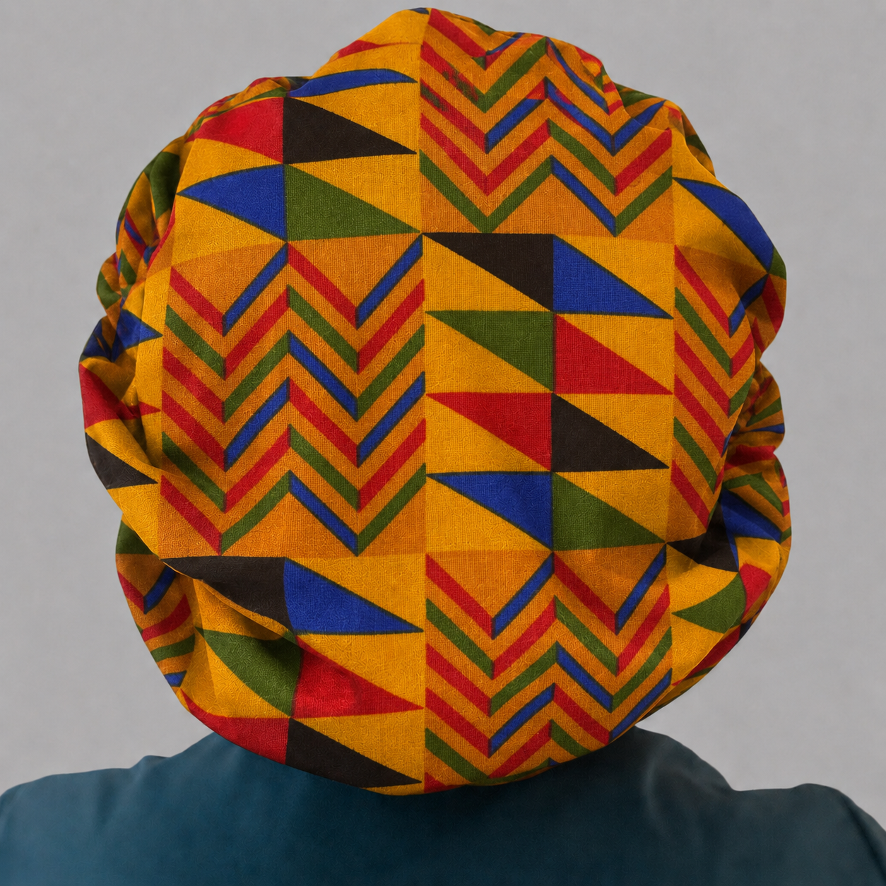 Colorful Geometric African Kente bouffant scrub cap back view bold gold blue red green Ghana Kente triangle print surgical hat handmade USA OR World