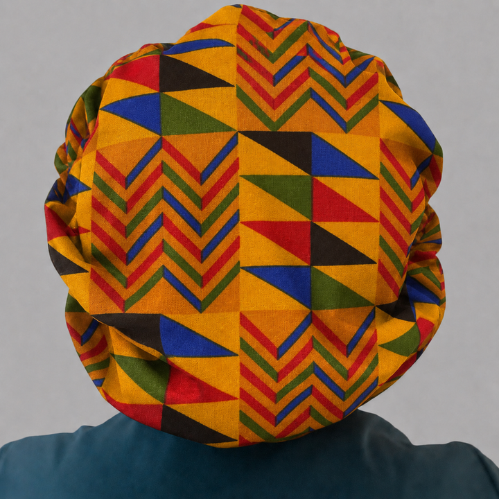 Colorful Geometric African Kente bouffant scrub cap back view bold gold blue red green Ghana Kente triangle print surgical hat handmade USA OR World