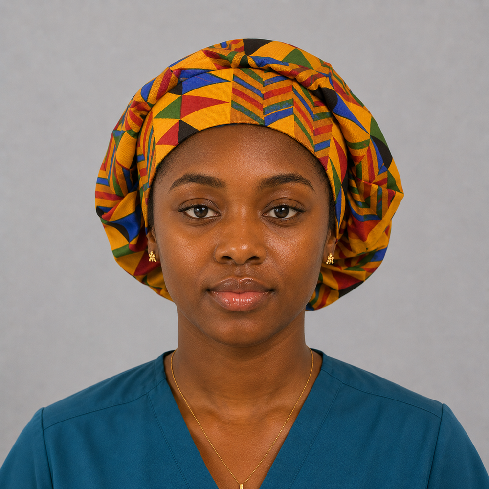 Nurse wearing Colorful Geometric African Kente bouffant scrub cap bold gold blue red green triangle pattern Ghana surgical hat teal scrubs OR World