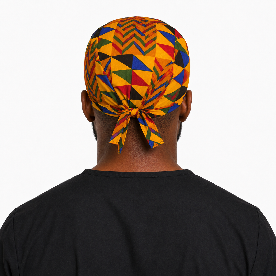 Colorful Geometric African Kente mens tieback scrub cap back view showing tie closure bold gold blue red green Ghana Kente print surgical hat handmade USA