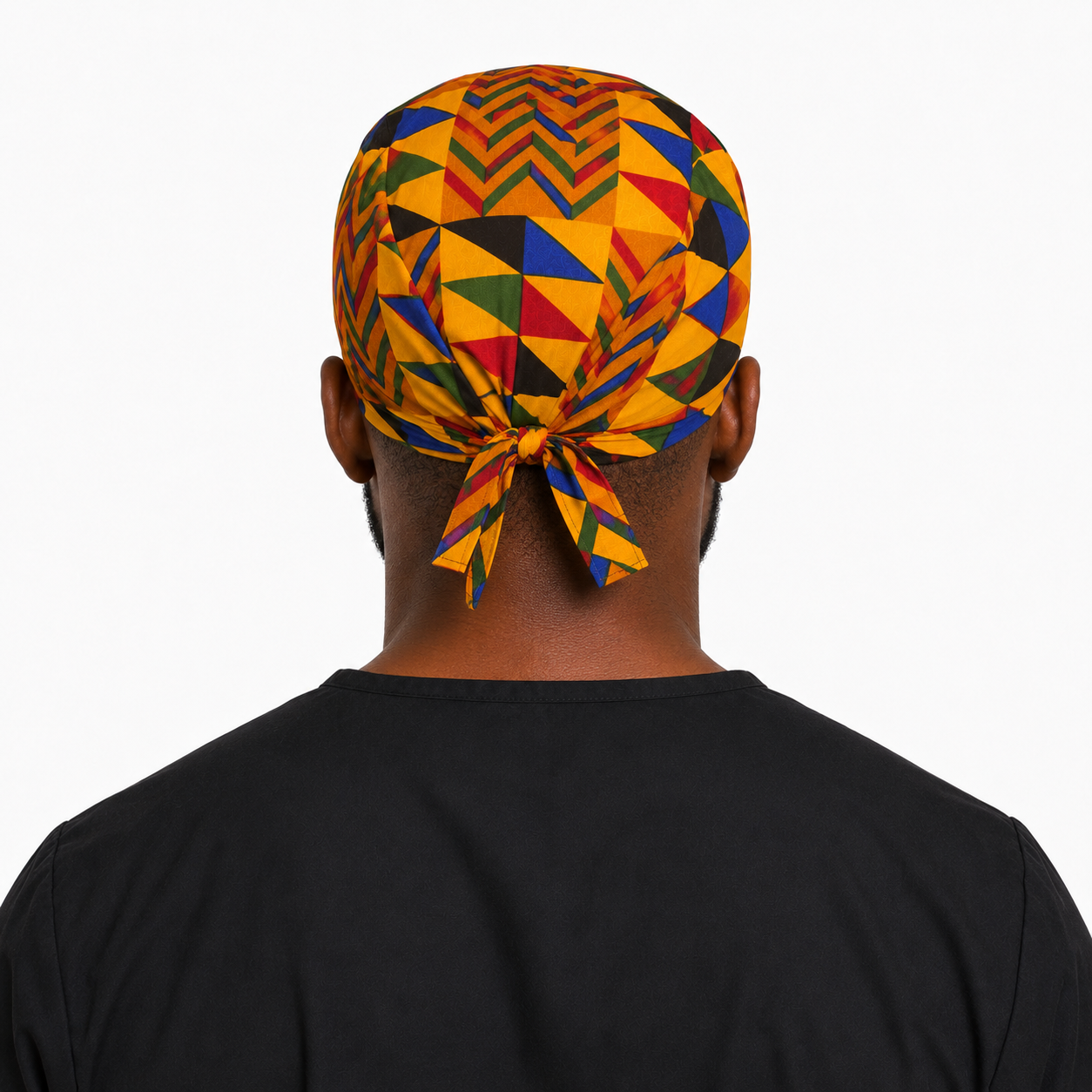Colorful Geometric African Kente mens tieback scrub cap back view showing tie closure bold gold blue red green Ghana Kente print surgical hat handmade USA
