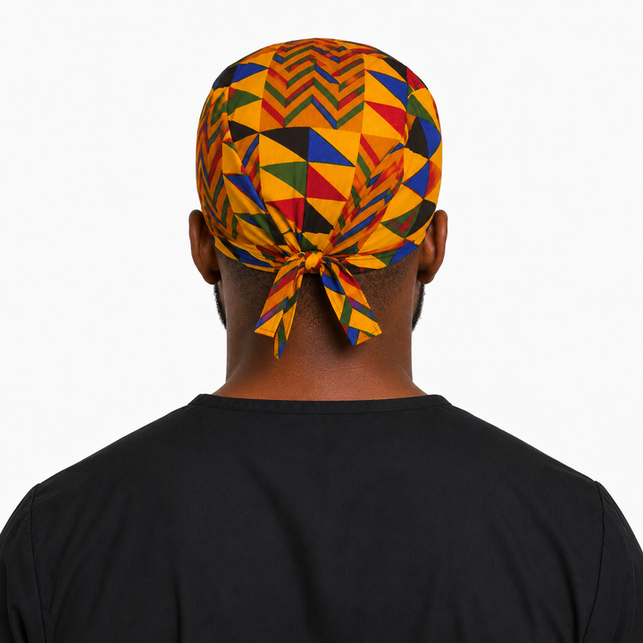 Colorful Geometric African Kente mens tieback scrub cap back view showing tie closure bold gold blue red green Ghana Kente print surgical hat handmade USA
