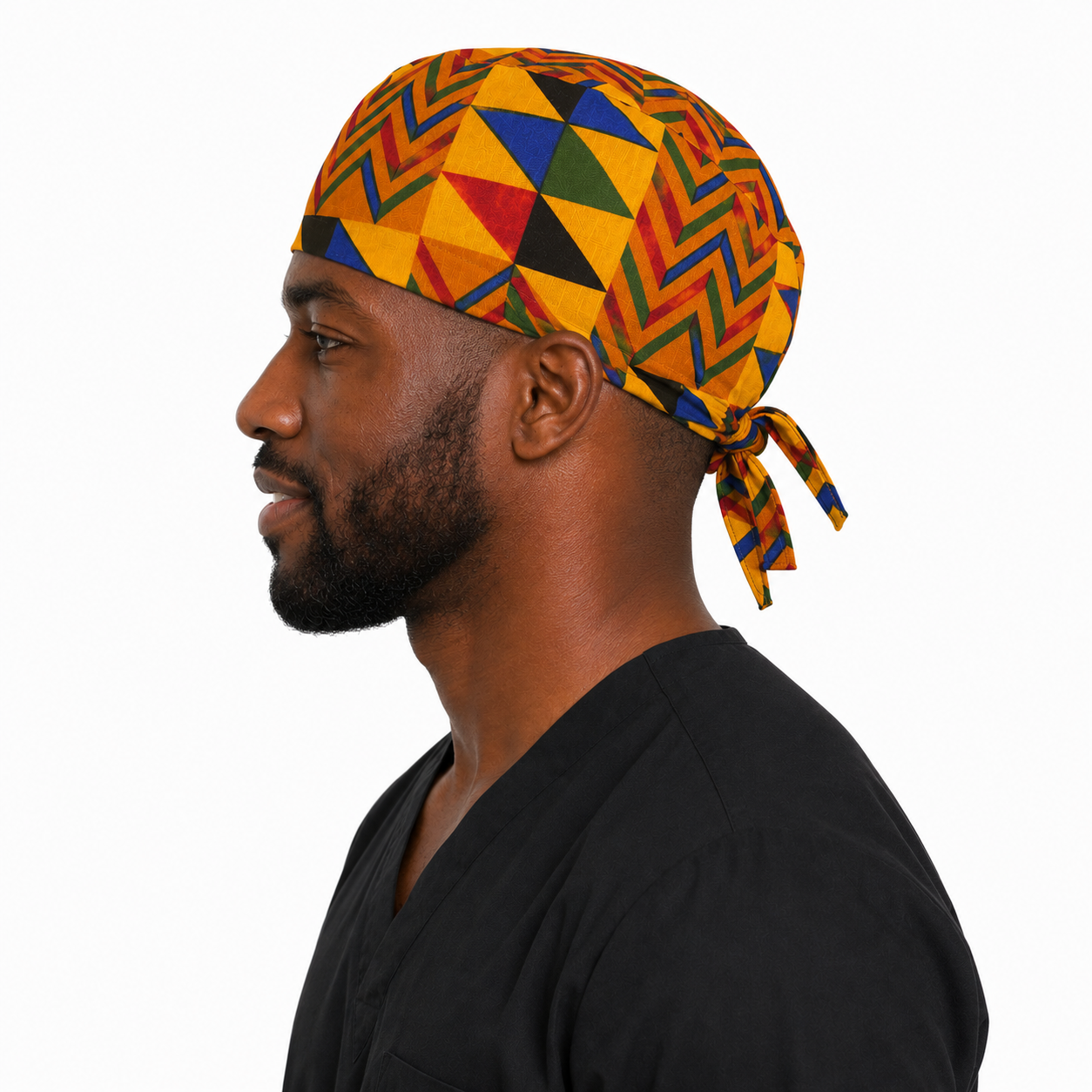 Colorful Geometric African Kente mens tieback scrub cap left side view bold gold blue red green black triangle Ghana pattern surgical hat male nurses surgeons