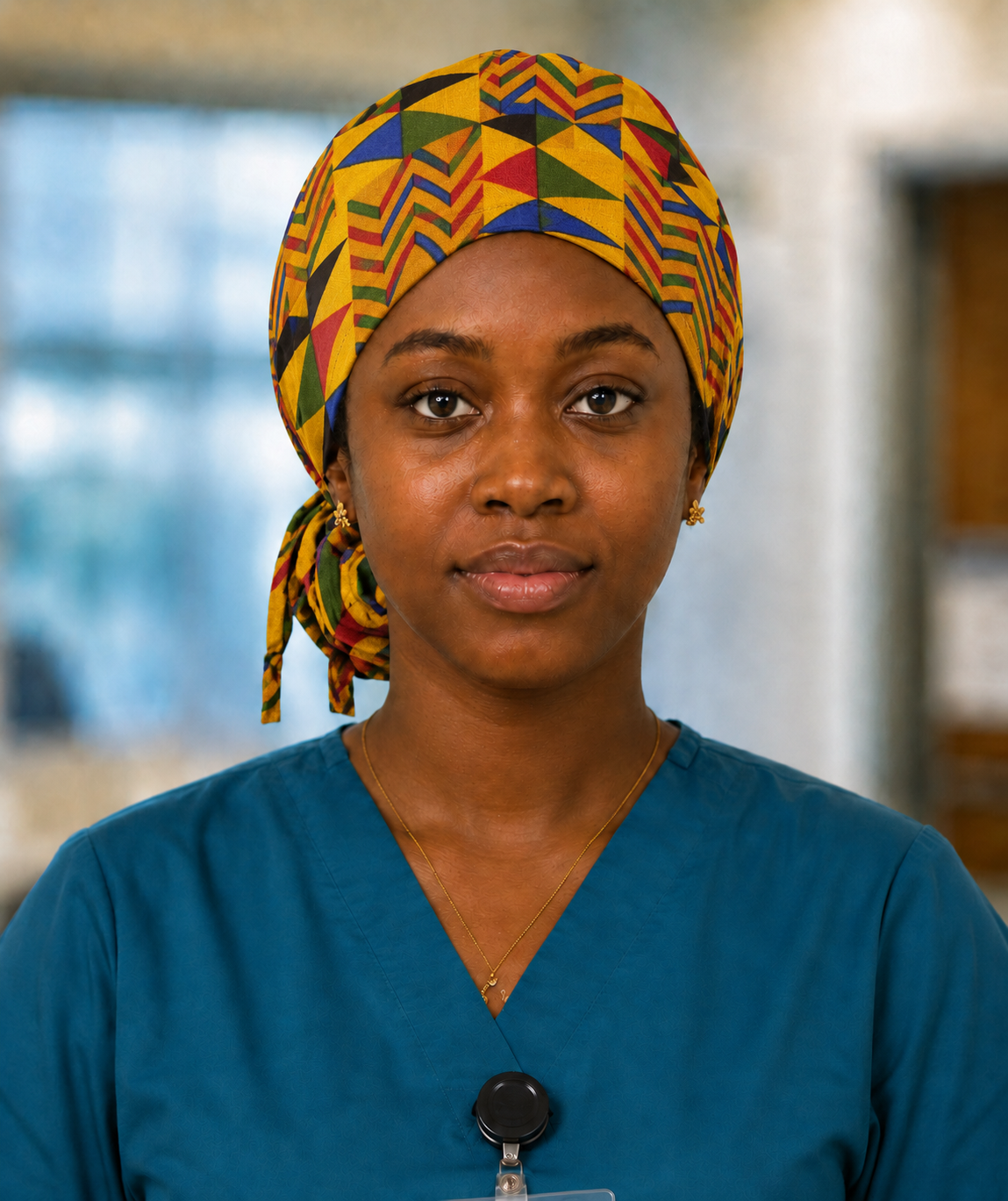 Nurse wearing Colorful Geometric African Kente ponytail scrub cap bold gold blue red green triangle pattern Ghana surgical hat hospital setting teal scrubs OR World