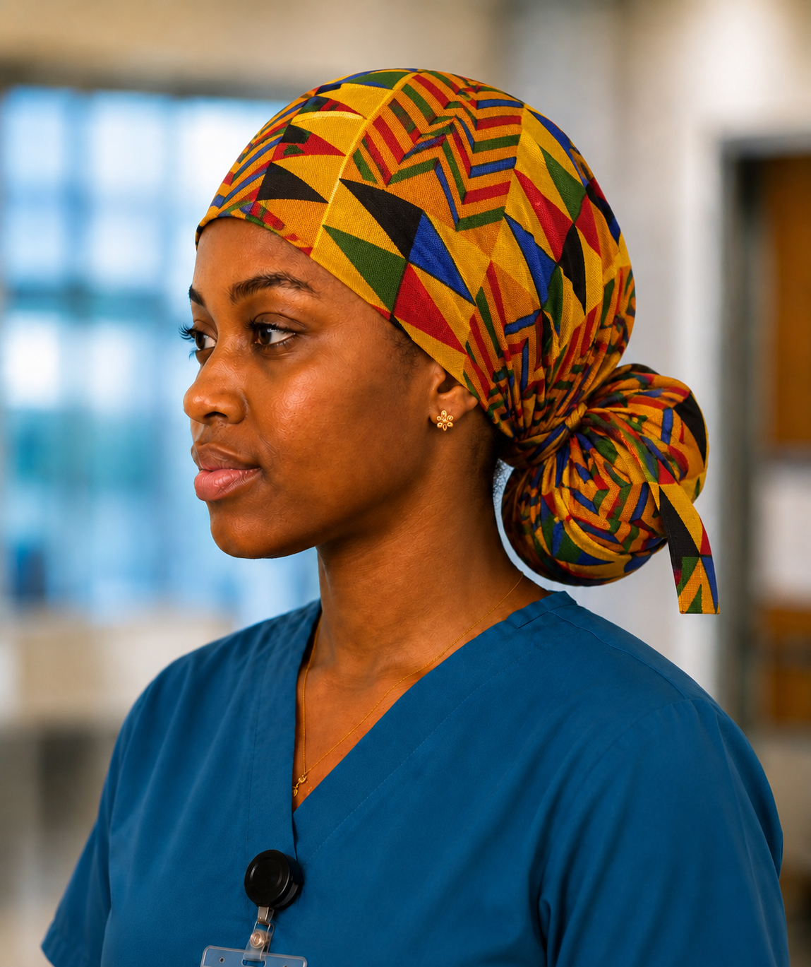 Colorful Geometric African Kente ponytail scrub cap left side view bold gold blue red green black triangle Ghana pattern surgical hat nurses healthcare professionals