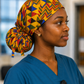Colorful Geometric African Kente ponytail scrub cap right side view adjustable tie back bold Ghana triangle Kente pattern surgical hat nurses surgical techs