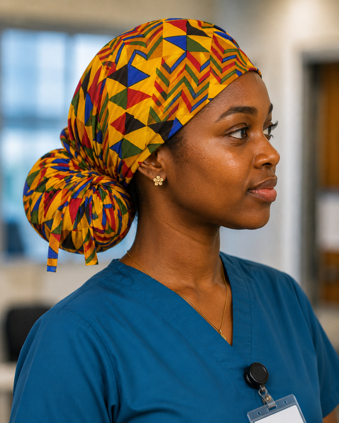Colorful Geometric African Kente ponytail scrub cap right side view adjustable tie back bold Ghana triangle Kente pattern surgical hat nurses surgical techs