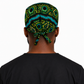 Colorful Spirit African Kente mens tieback scrub cap back view showing tie closure bold black teal green gold geometric Kente print surgical hat handmade USA