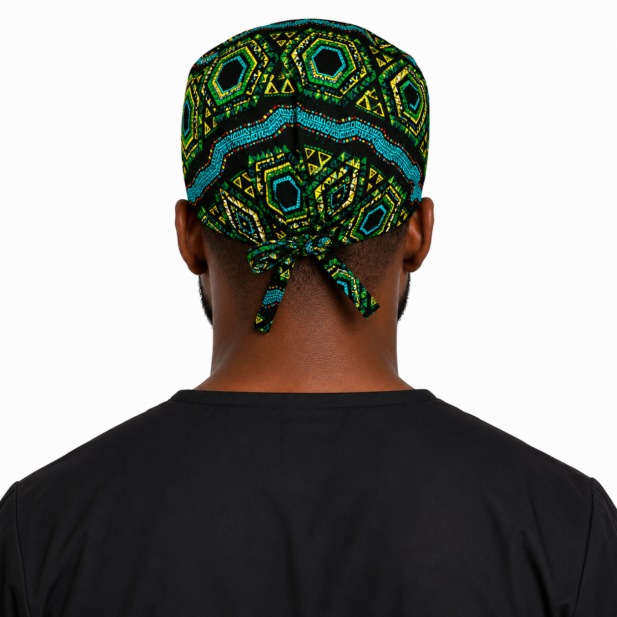 Colorful Spirit African Kente mens tieback scrub cap back view showing tie closure bold black teal green gold geometric Kente print surgical hat handmade USA