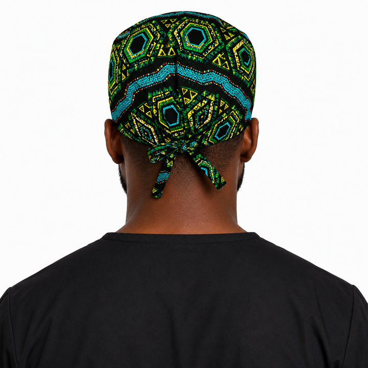 Colorful Spirit African Kente mens tieback scrub cap back view showing tie closure bold black teal green gold geometric Kente print surgical hat handmade USA