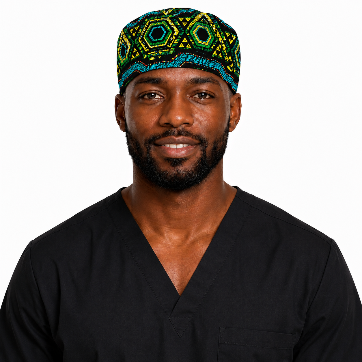 Male healthcare professional wearing Colorful Spirit African Kente mens tieback scrub cap bold black background teal green gold geometric pattern surgical hat black scrubs OR World