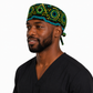 Colorful Spirit African Kente mens tieback scrub cap left side view bold black teal green gold geometric pattern Ghana surgical hat male nurses surgeons
