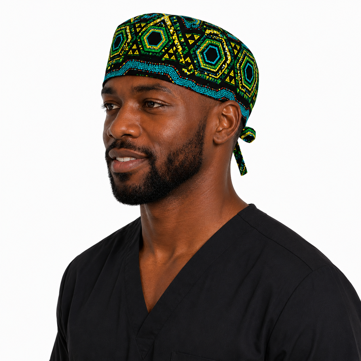 Colorful Spirit African Kente mens tieback scrub cap left side view bold black teal green gold geometric pattern Ghana surgical hat male nurses surgeons